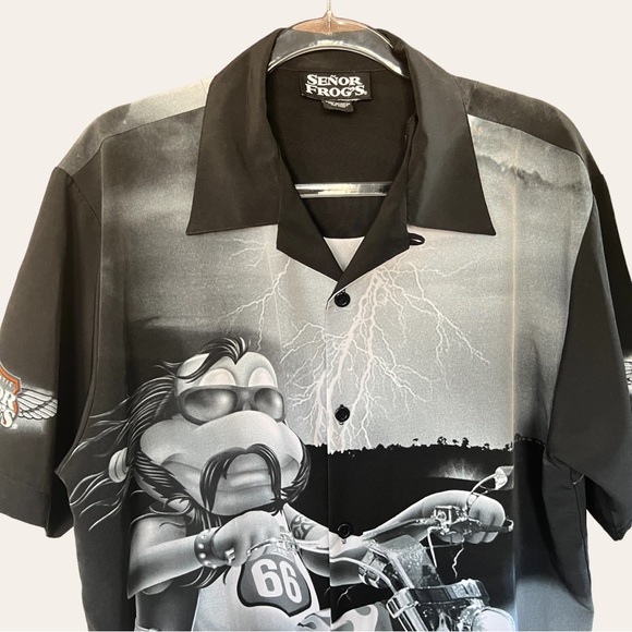 SENOR FROGS Biker Button Up Shirt Motorcycle Handlebar Mustache Rider - Picture 2 of 8
